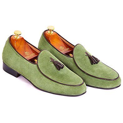 Apron Toe Green Color Handmade Tassel Loafer Slip Ons Suede Leather Men Shoes