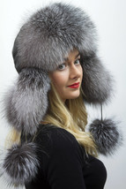 Blue Frost Fox Fur Ushanka Aviator Hat with Leather And PomPom Saga Furs