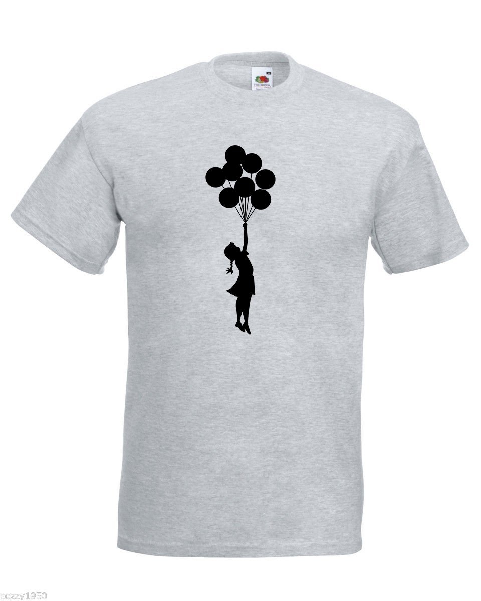 Mens Banksy Street Graffiti T-Shirt; Flying Escapism Girl with Balloons Tshirt - $24.74 610hmkj0sll