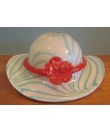 Vintage Art Glass Mouth Blown light Blue White Swirl Hat Bowl with Red F... - $31.68