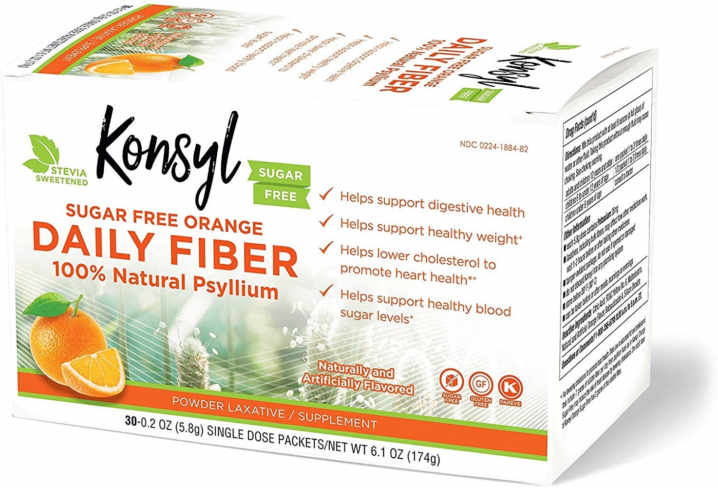 Konsyl Daily Fiber Orange 100 Natural Psyllium Husk Powder Sugar