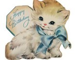 Vtg Hallmark Birthday Greeting Card Diecut White Kitten Cat Blue Bow Blue Eyes 
