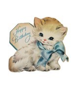 Vtg Hallmark Birthday Greeting Card Diecut White Kitten Cat Blue Bow Blue Eyes  - $8.00