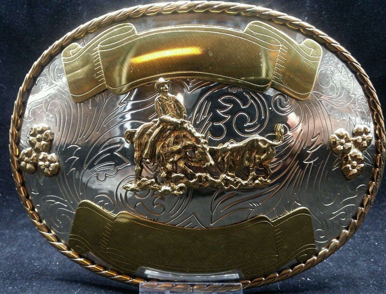 Rodeo TEAM ROPING Belt BUCKLE 6" Oval Trophy Western German Silver and Gold NEW 