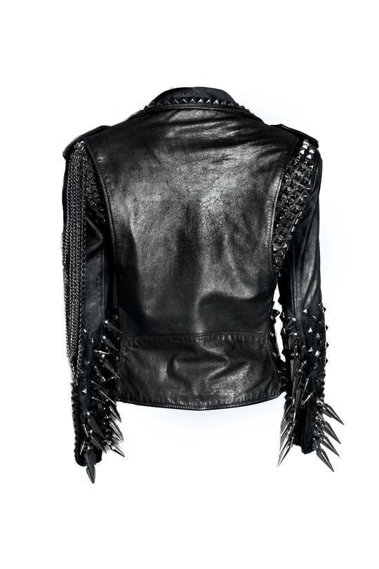 Men Black Silver Studded Long Spiked Brando Biker Cowhide Leather ...