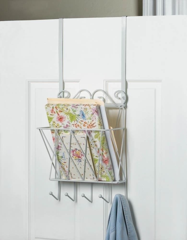 OVER THE DOOR HANGING RACK Letter Mail Bin Metal Storage Basket with Hooks Key & Letter Holders