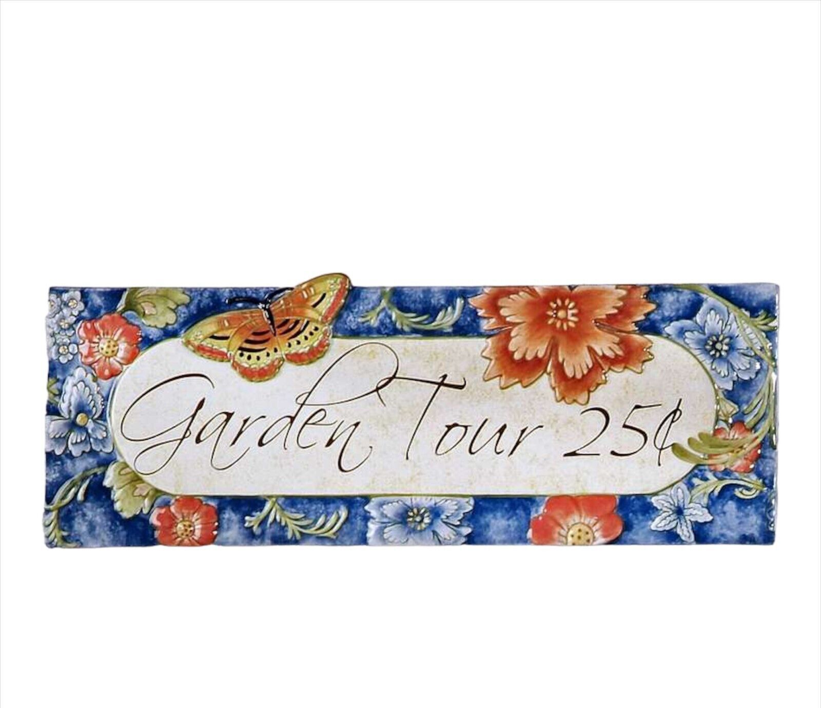 Garden Tour Wall Plaque With 25 Cents Wording 14" Long Ceramic Blue Fence Gate Plaques & Signs