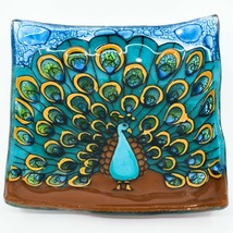 Fused Art Glass Showy Peacock Bird Design Soap Trinket Dish Handmade in Ecuador