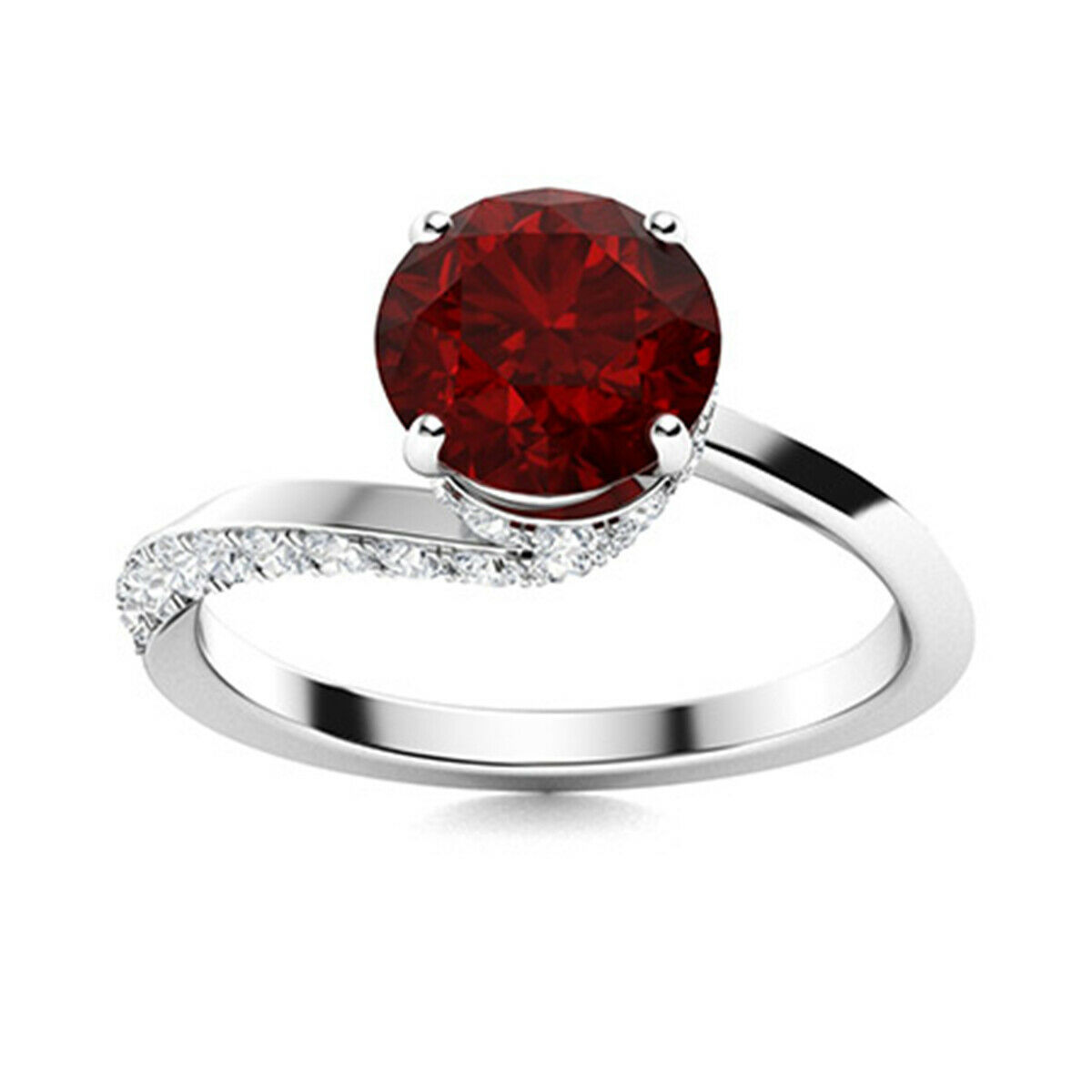 0.75 Ctw Bypass Side Accents Round Garnet 10K White Gold Ring