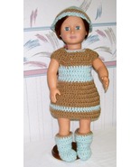 American Girl 3 Piece Brown/Blue Crochet Outfit, Handmade, Dress, Hat, Boots - $22.00