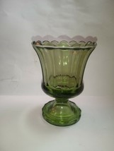 Green Indiana Glass Fluted Ruffled Top Rnd Pedestal Flower Vase 6 x 4.5 Vintage - $5.00