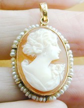 FAB Antique 10k Hand Carved Shell Cameo Pendant Natural Seed Pearl Framed - $225.00