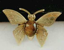 Vintage tiger&#39;s eye gemstone butterfly Brooch Pin gold tone - $8.90
