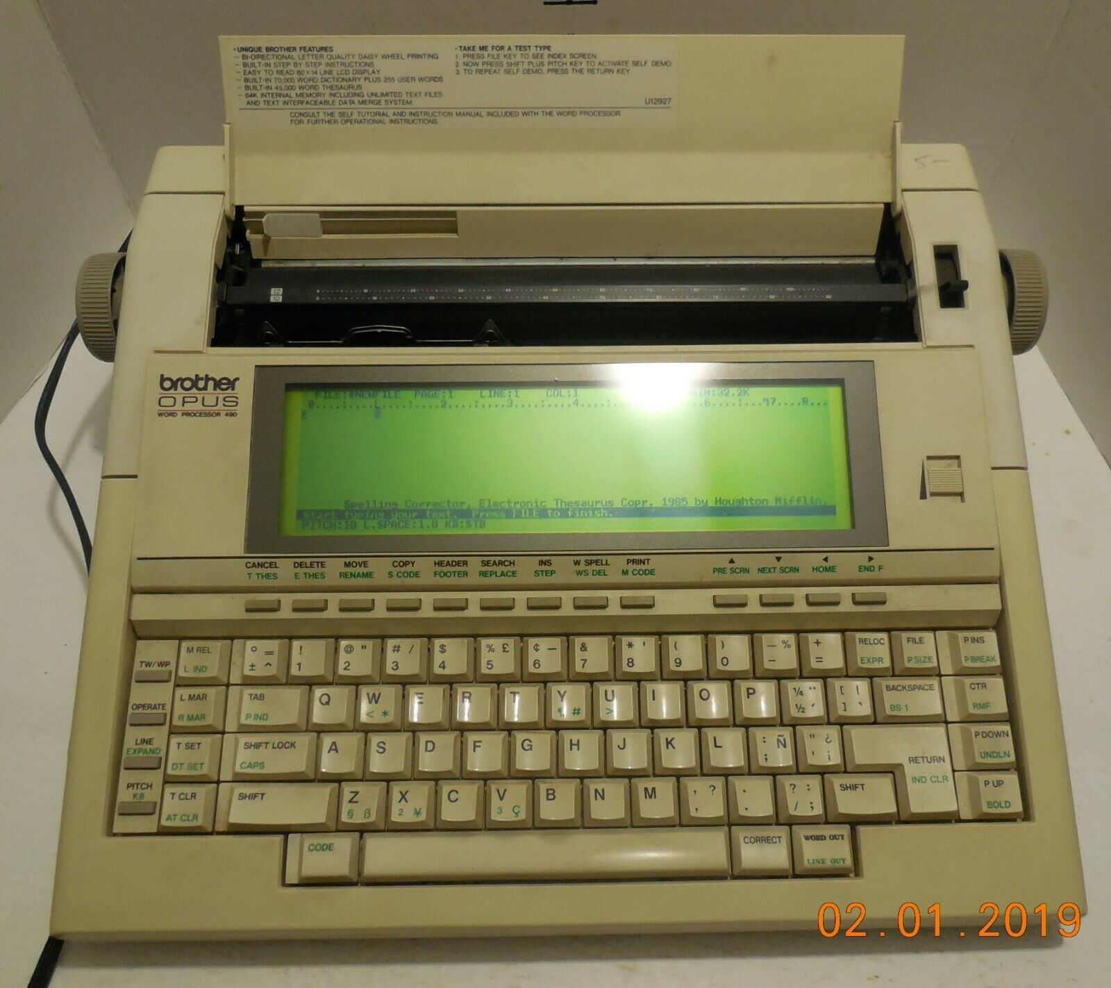 Brother Opus 490 Model WP490 Electric Typewriter with Cover Word
