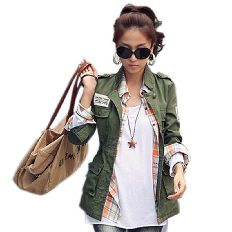 SM,L 2018 Spring Autumn Women Embroidery Military Army Green Jacket Drawstring P