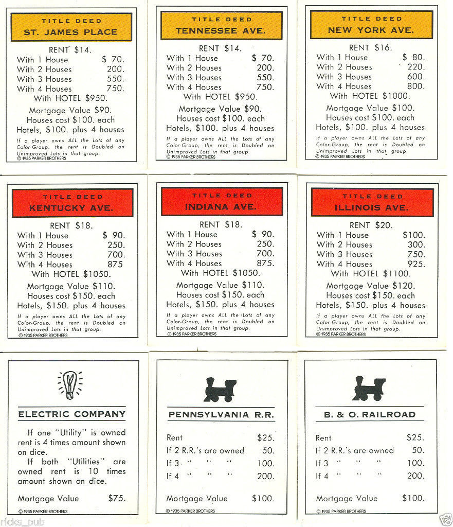 FULL SET of Monopoly CARDS Deeds, Chance & Community Chest Parker Bros