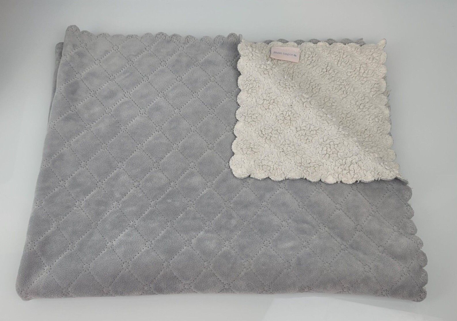 Mon Lapin Gray Cream White Sherpa Scalloped Scallop Baby Blanket