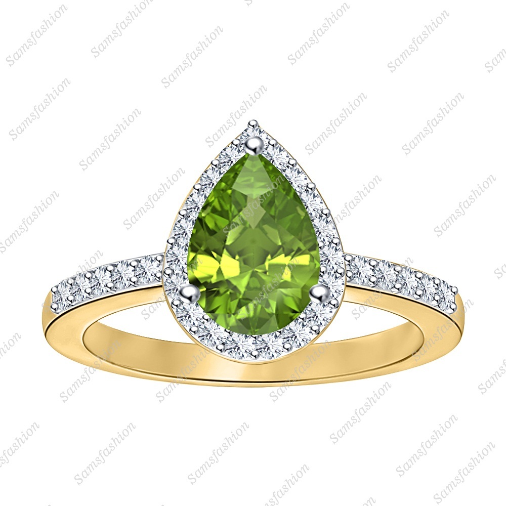 Wonderful Pear Cut Peridot & Dia 14k Yellow Gp 925 Silver Engagement Halo Ring