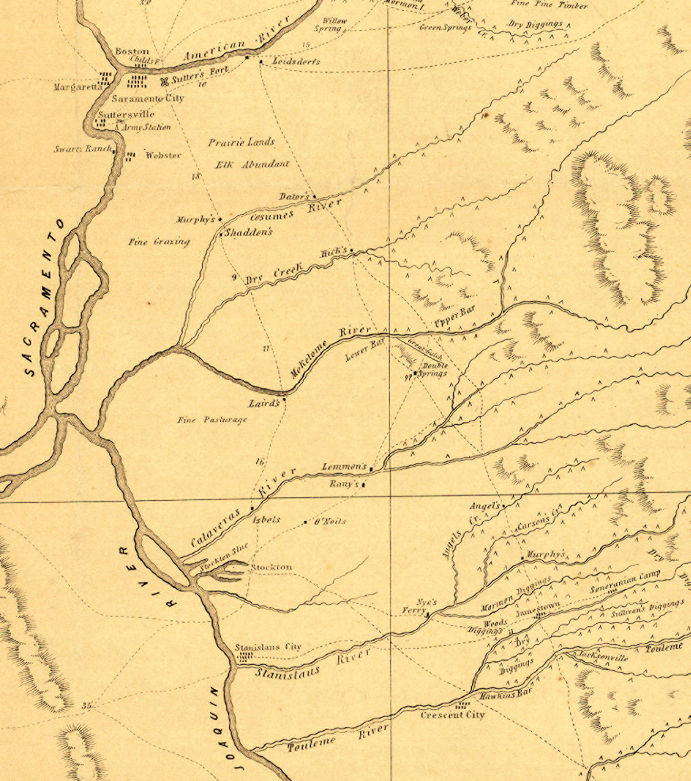 1850 Map California Gold Mining District Mines Fields Wall Poster ...