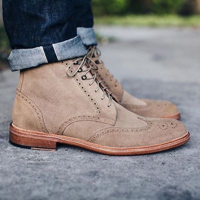 New Handmade Mens Brogue WingTip Beige Suede Boots, leather boots for men 2019