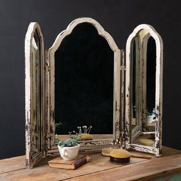 Rustic Tri-Fold Tabletop Mirror in Distressed Finish