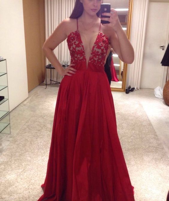 Sexy Red Deep V Neck Long Prom Dresses Evening Dress with Lace