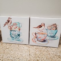 Canvas Prints, set of 2, Birds and Coffee Cups, Wall Art, Frameless, 8x8 inch image 1