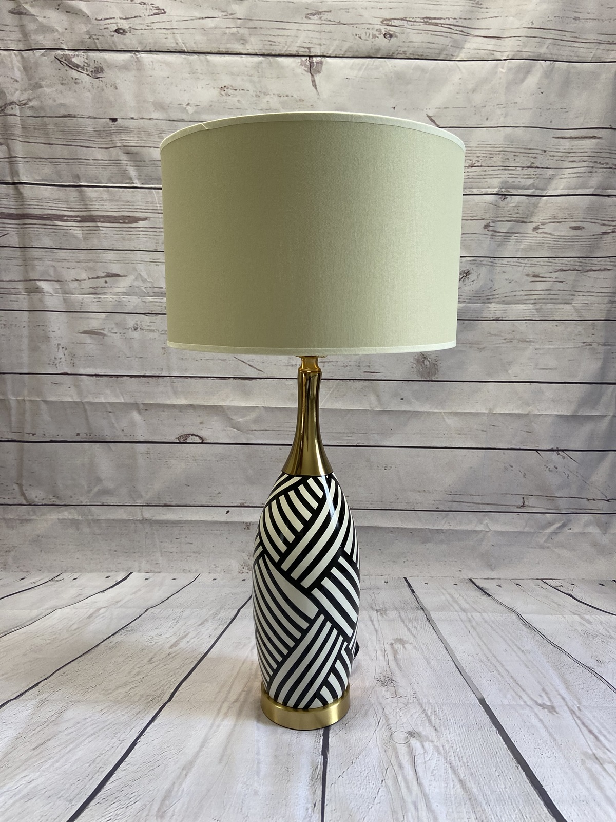 Black and Ivory Stripe Base Ceramic Lamp with Ivory Shade Lamps