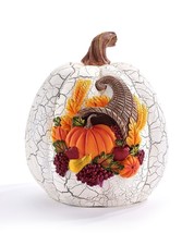 Thanksgiving Pumpkin 7" High with Cornucopia Design White Crackle Look Resin 