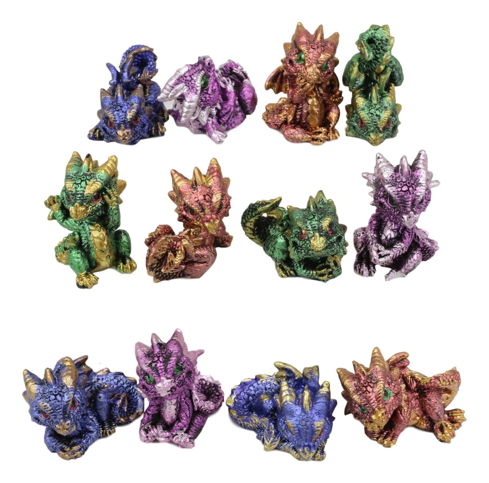 Set Of 12 Colorful Metallic Baby Dragons In Multiple Poses Miniature Figurines