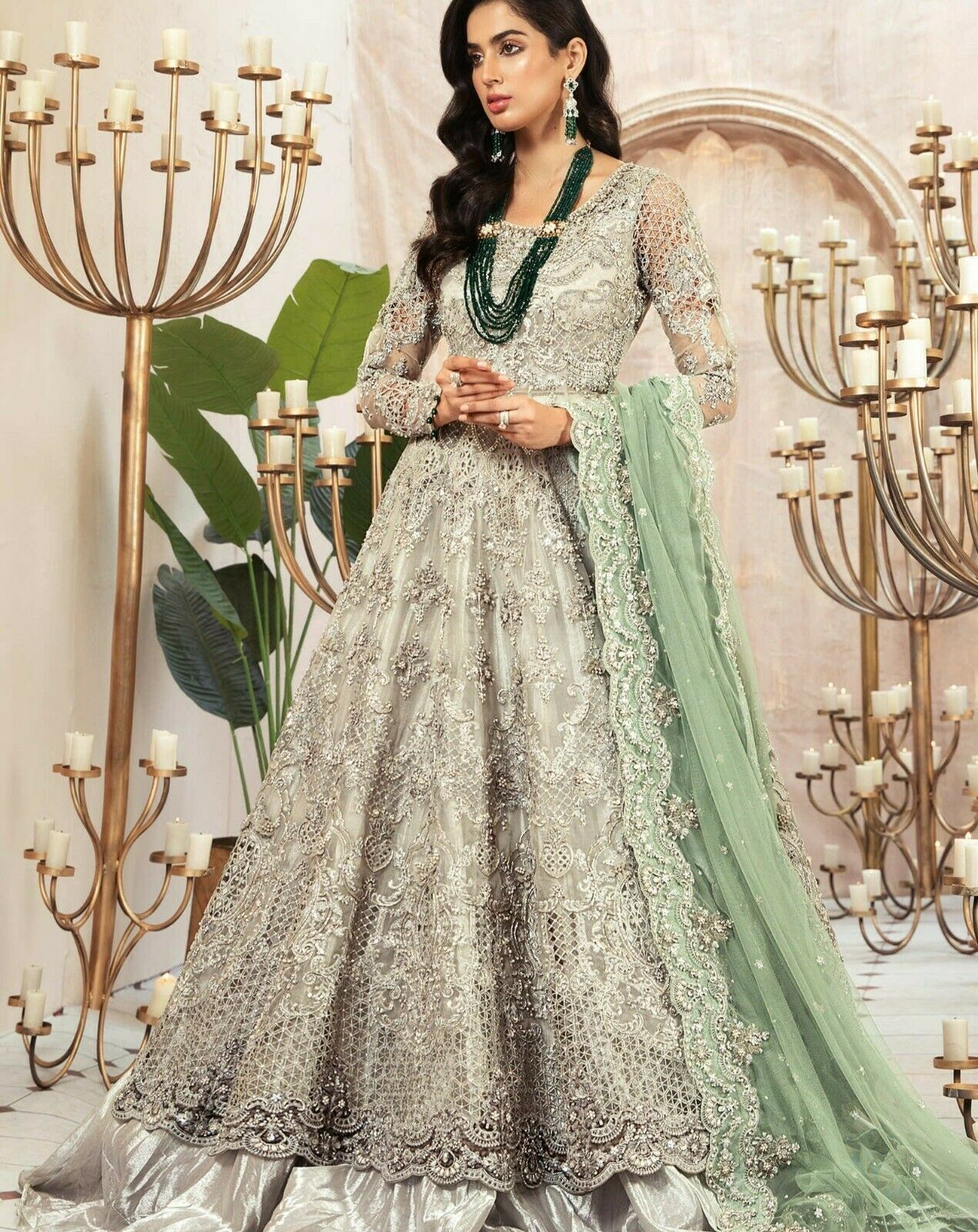 Maria B. Bridal Couture - Top Pakistani Indian Designer Mint Gray Dress Lehnga