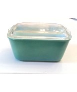 HTF Glasbake McKee Refrigerator Dish Loaf Pan 805 Turquoise Milk Glass Clear Lid - $19.72