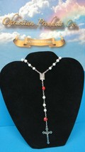 Jesus Christ Cross Rosary Religious Red Rose White Bead Necklaces - $10.99