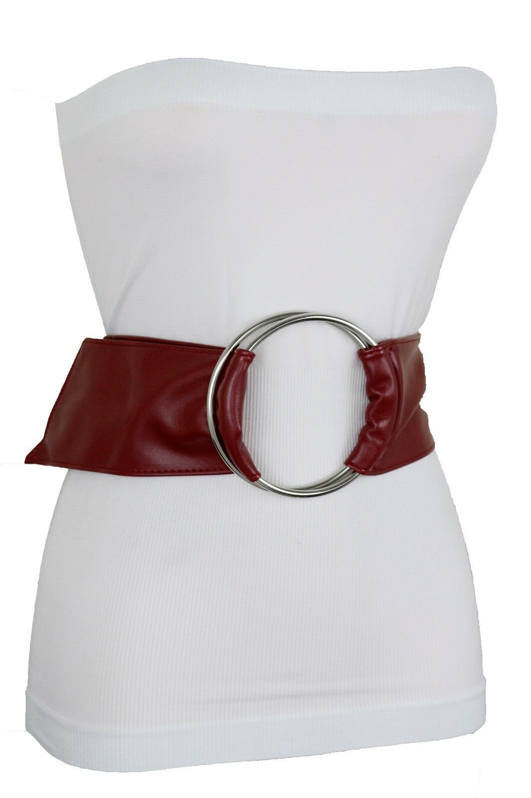 Women Wide Burgundy Red Wine Faux Leather Belt Hip Waist Big Silver