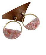 Gold Tone Earrings Semi Circle Hoops Pink Acrylic Mosaic Style Geometric - $18.81