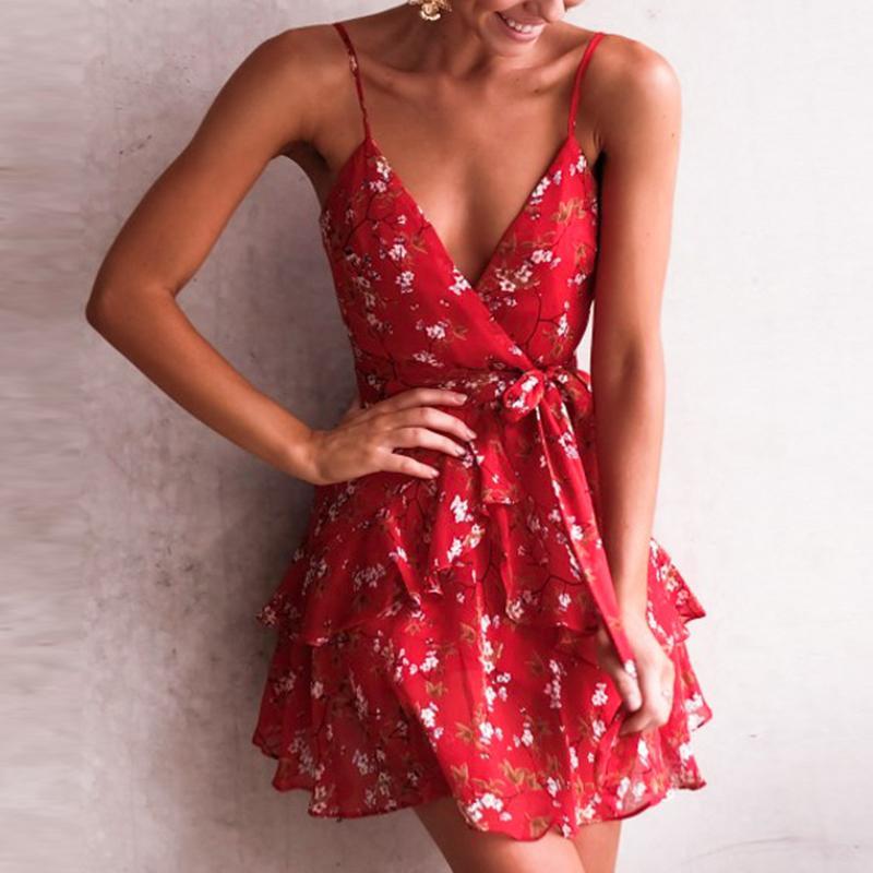 NLW Elegant Red Print Short Dress Women 2019 Summer Sexy Strap V Neck ...