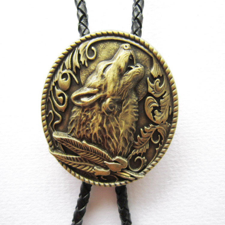 Bronze Plated Western Wolf Oval Bolo Tie