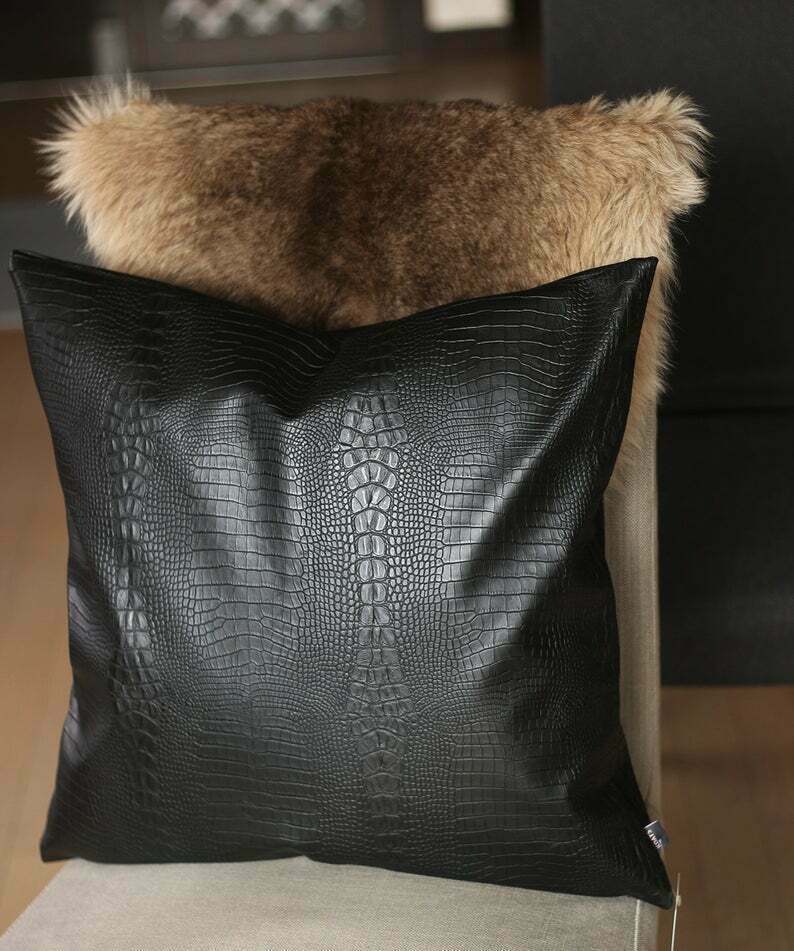 Genuine Black Leather Crocodile Soft Real Leather Pillow Cover