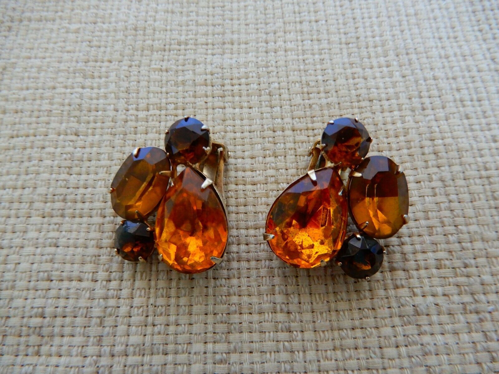 Primary image for Vintage yellow amber tone rhinestone cluster earrings