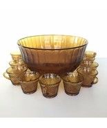 Vintage Indiana Glass Company Amber TIARA Punch Serving Bowl + 11 Mugs C... - $79.19