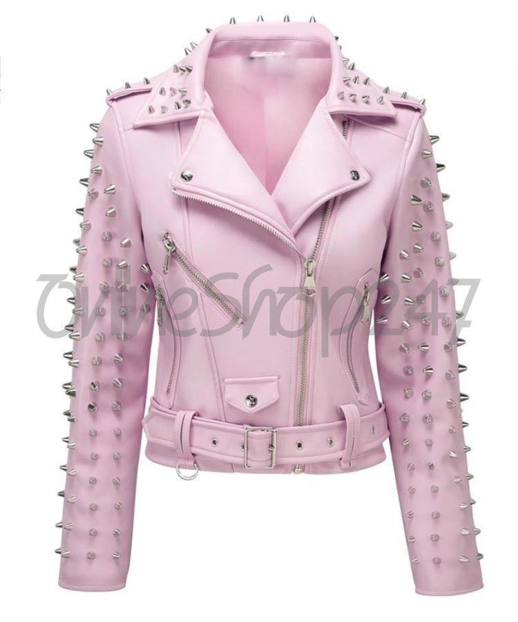 New Women Star Baby Pink Full Spiked Studded Brando Style Belted leather jacket