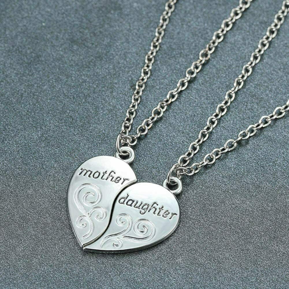 2Pcs/Set Silver Mom Mother & Daughter Love Heart Pendant Charm Chain Necklace US