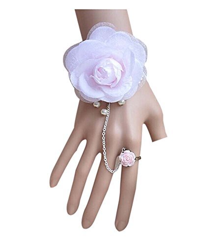 Pink Flower Bridal Bracelets with Ring Wedding Jewelry Gift