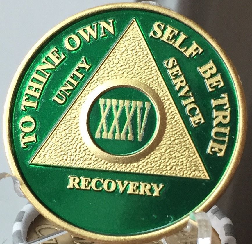 35 Year AA Medallion Green Gold Plated Alcoholics Anonymous Sobriety Chip Coin