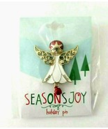 Season&#39;s Joy Holiday Pin Christmas Guardian Angel Gold Tone Enamel Brooch  - £5.82 GBP