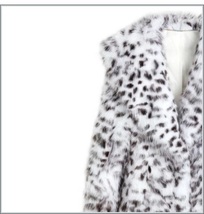 Furry Long Sleeve Wide Collar White Black Spotted Faux Leopard Long Coat Jacket  image 4
