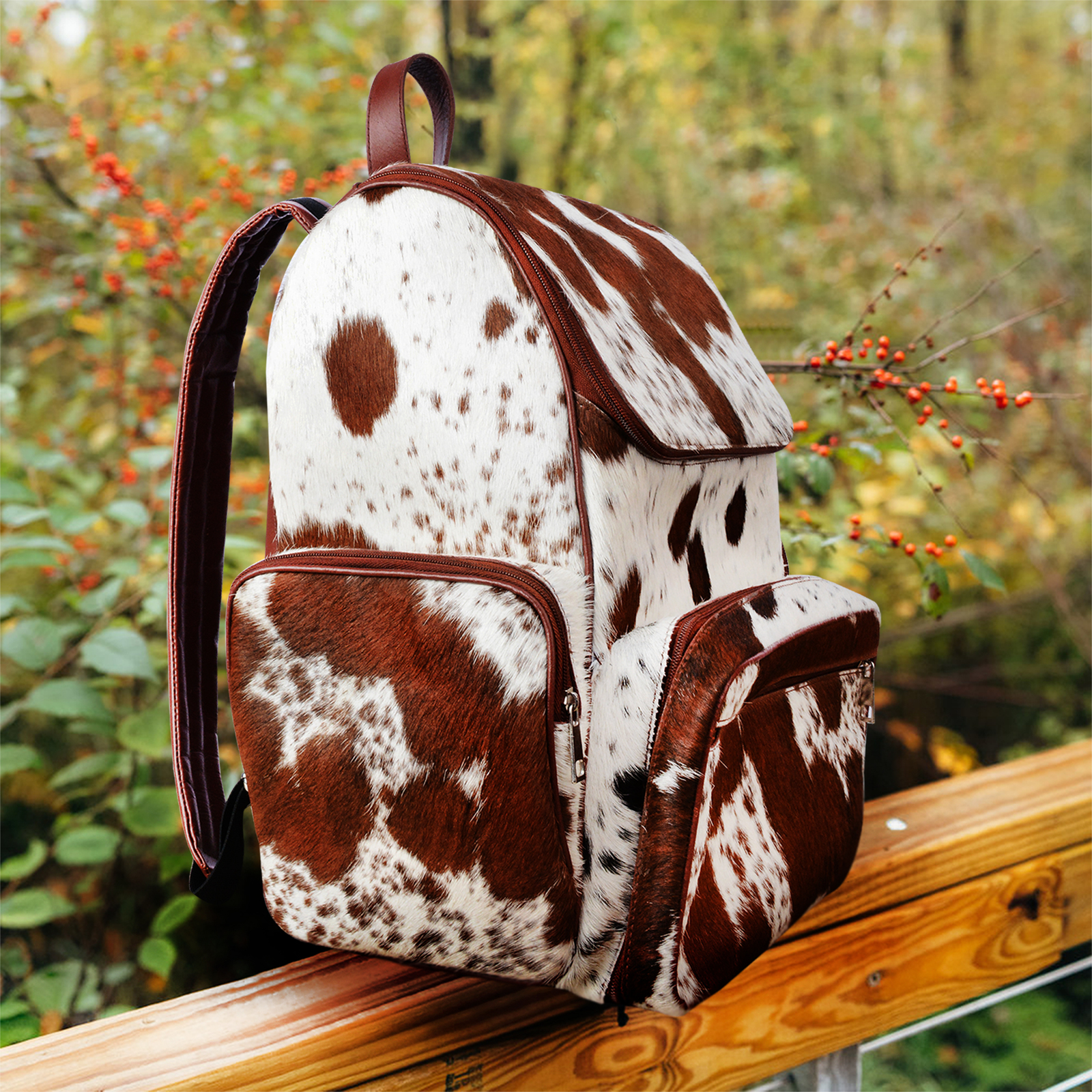 Cowhide Backpack Rucksack Knapsack Travel Brown And White Shoulder Bag