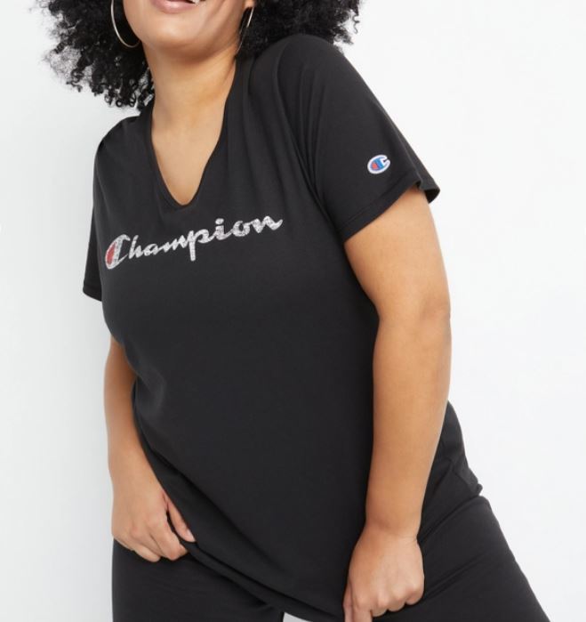 Champion SCRIPT LOGO BLACK Women's Plus Jersey V-Neck Tee, US 2X-Large