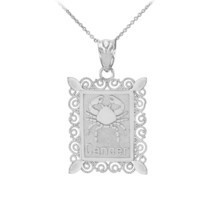 10k White Gold Cancer Zodiac Sign Filigree Rectangular Pendant Necklace - $154.32+