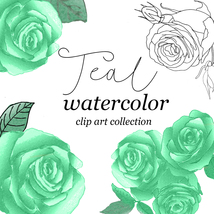 Teal Watercolor Rose Hand Drawn Collection/PNG Clip Art/Sublimation/Comme - $4.99